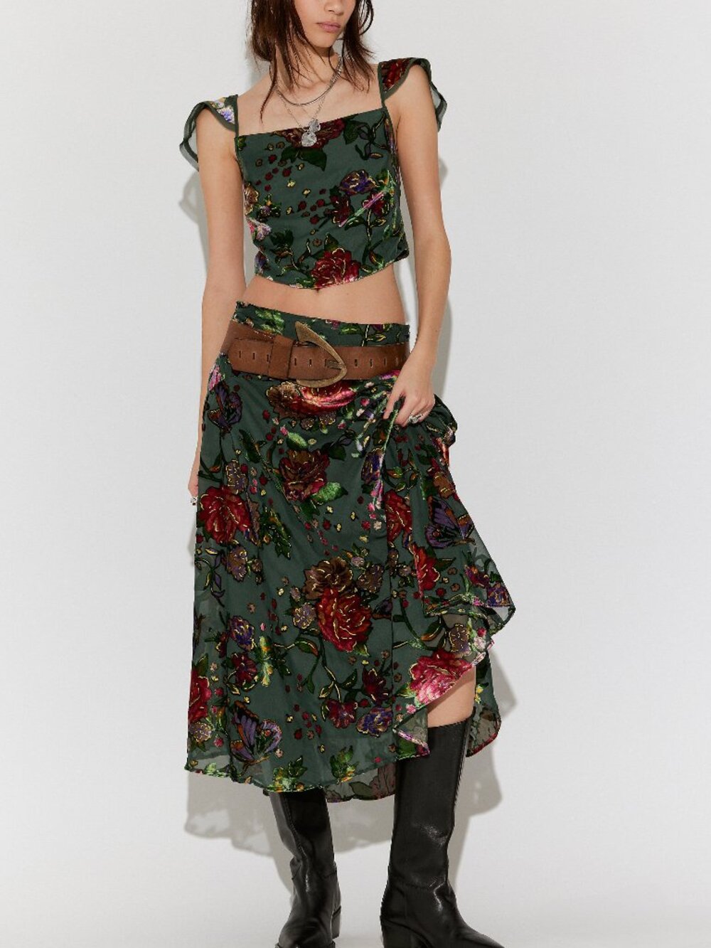 FREE PEOPLE Electra Heart Midi Skirt Set / Forest Combo Medium NWT